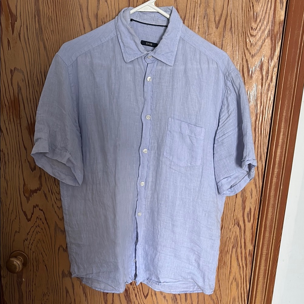 Men's Casual Light Blue Button Linen Down Shirt - Medium
